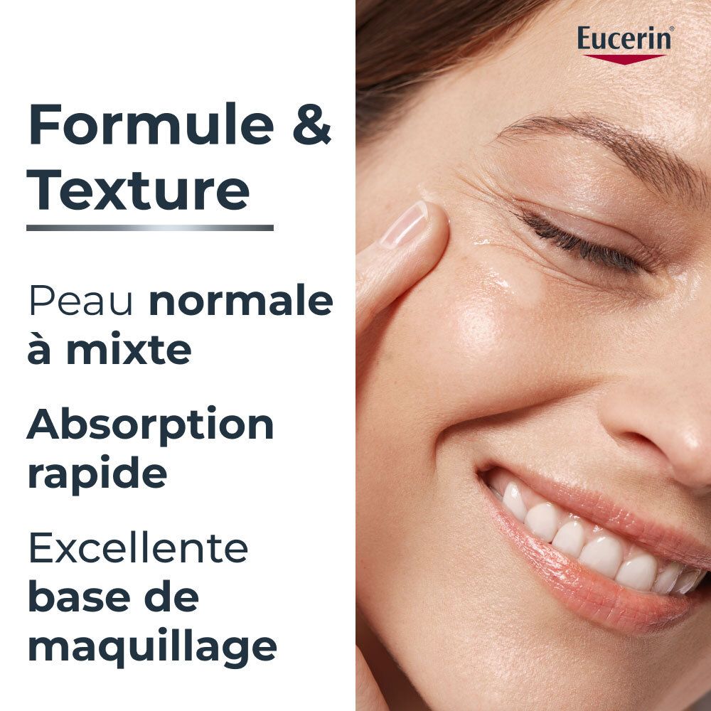 Vrouw raakt haar gezicht aan. Tekst: Formule & Texture. Eucerin logo. Tekst: Peau normale à mixte.