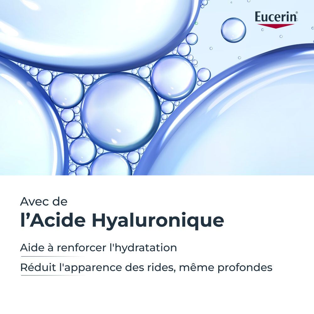 Bellen in water. Tekst: Avec de l'Acide Hyaluronique. Eucerin logo. Tekst: Aide à renforcer l'hydratation.