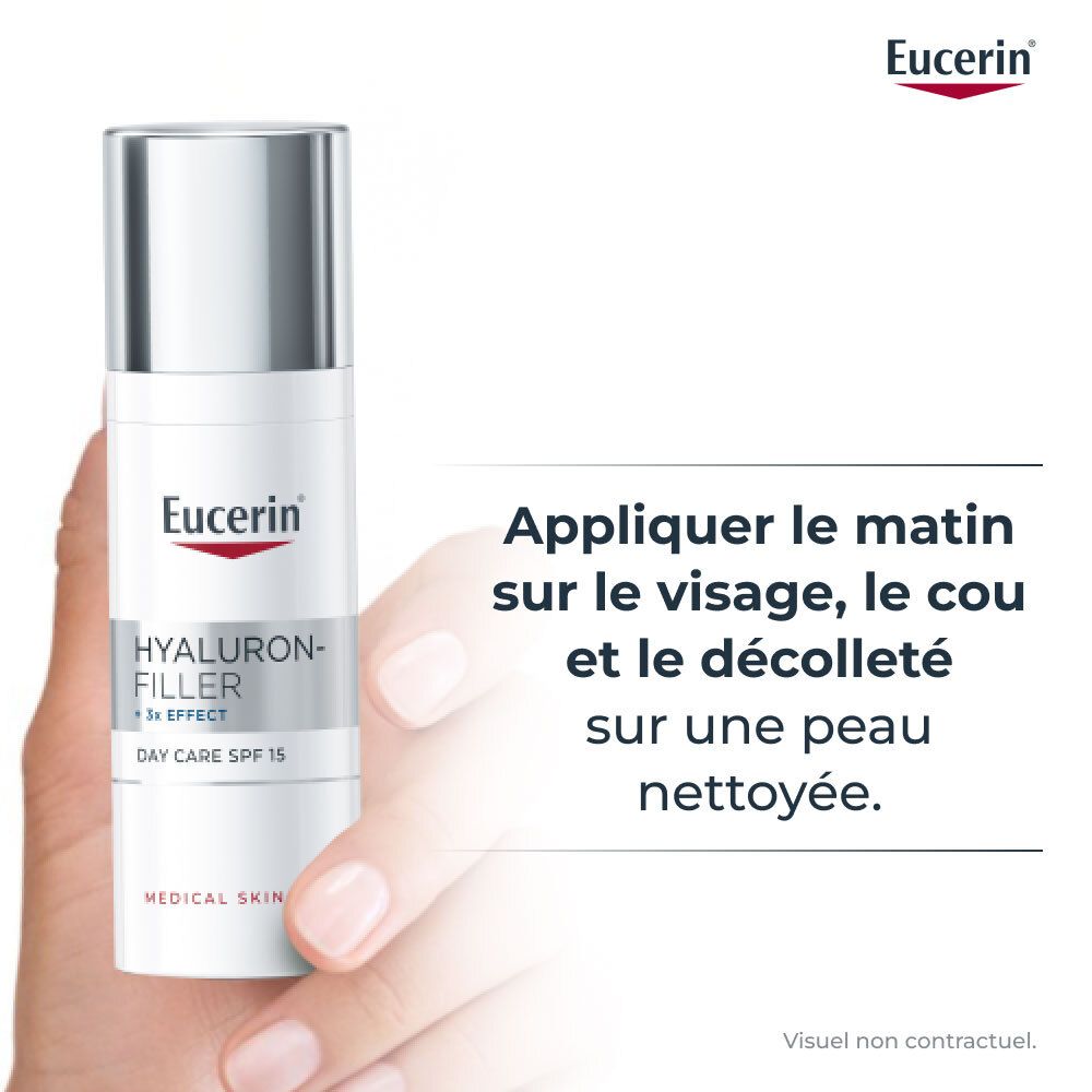 Hand houdt fles Eucerin HYALURON-FILLER + 3x EFFECT vast. Tekst: Appliquer le matin sur le visage.