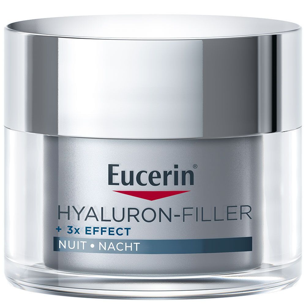 Crèmepot met zilveren deksel. Eucerin Hyaluron-Filler + 3x Effect Soin de Nuit. Nachtverzorging.