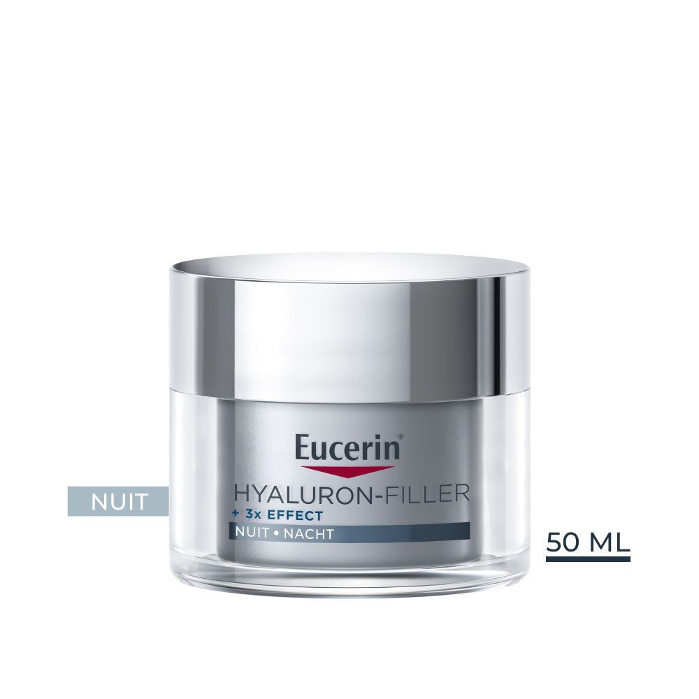 Crèmepot met zilveren deksel. Eucerin Hyaluron-Filler + 3x Effect Nachtcrème.