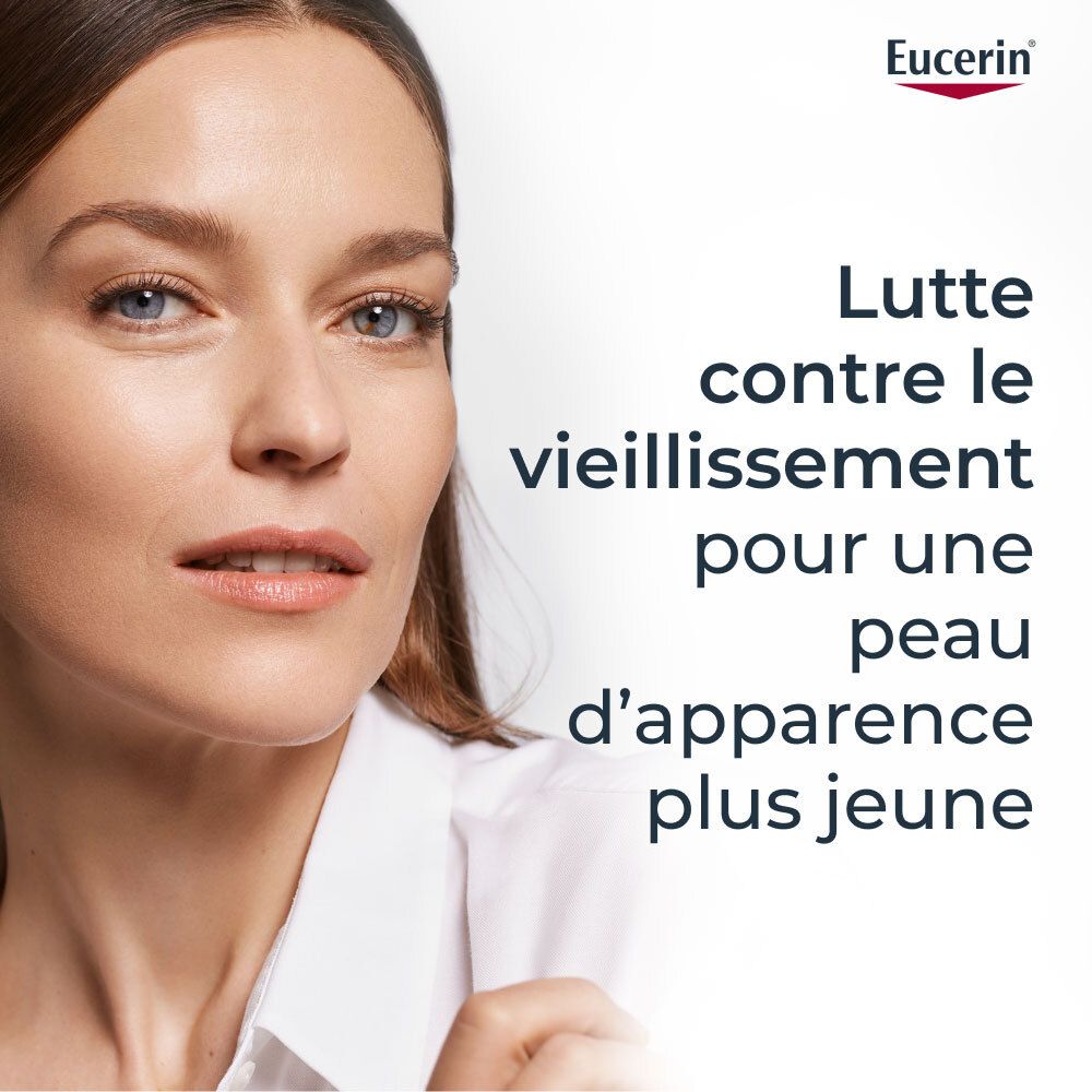 Vrouw met gezicht. Tekst: Strijd tegen veroudering voor een jongere huid. Eucerin logo.