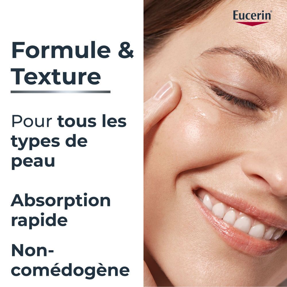 Close-up van een vrouw die crème op haar gezicht aanbrengt. Tekst: Formule & Textuur, voor alle huidtypes.