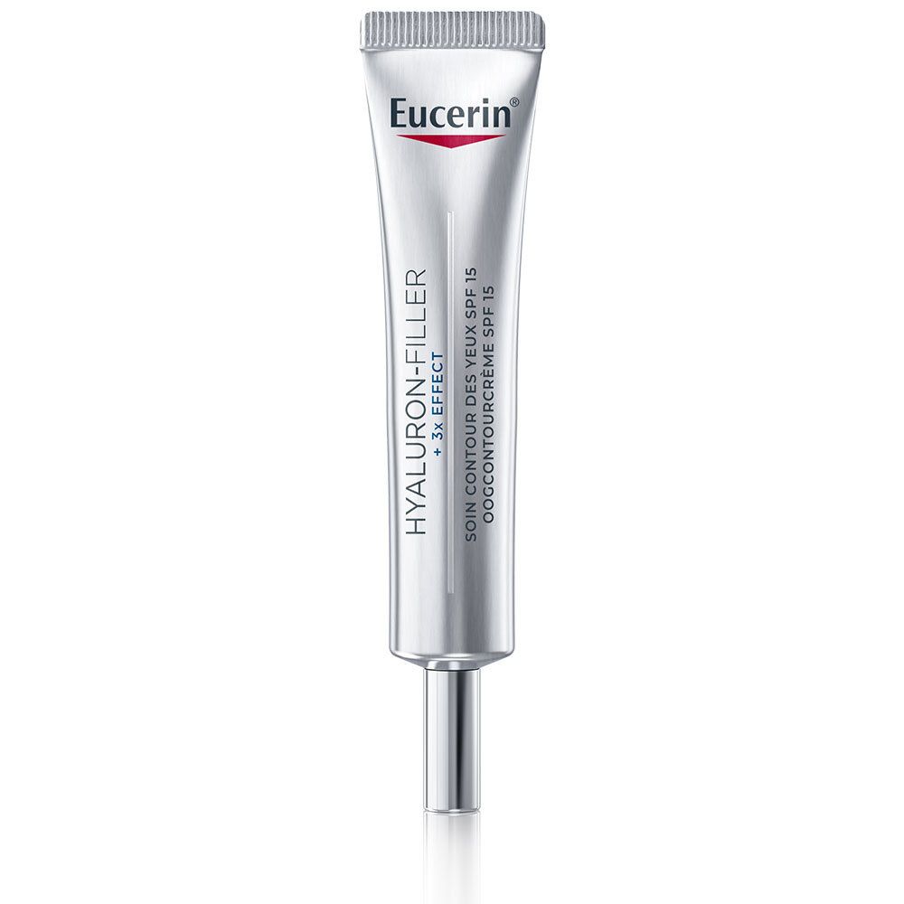 Tube argentée Eucerin HYALURON-FILLER + 3x EFFECT. Soin contour des yeux SPF 15.