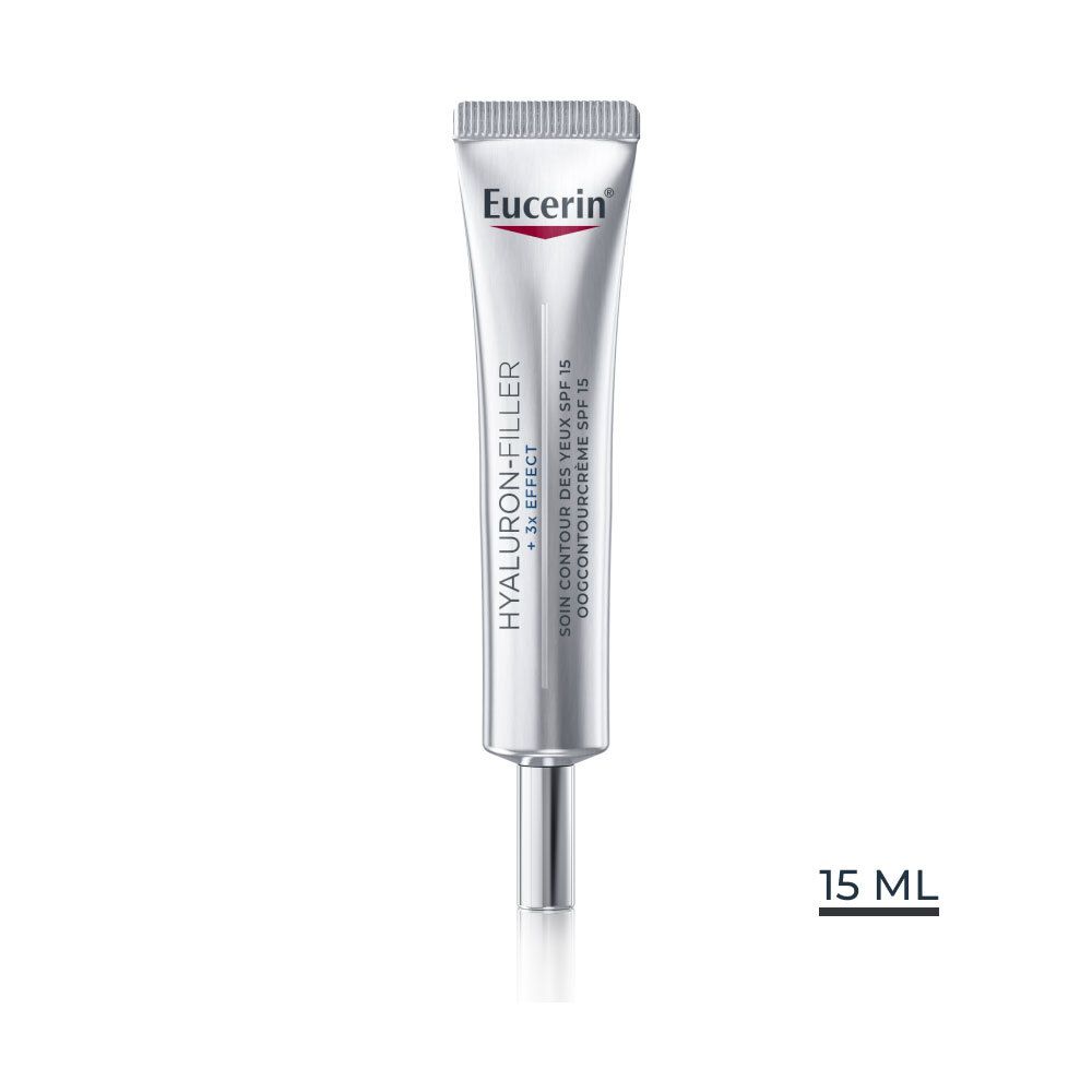 Tube argentée Eucerin HYALURON-FILLER + 3x EFFECT. Soin contour des yeux SPF 15. 15 ml.