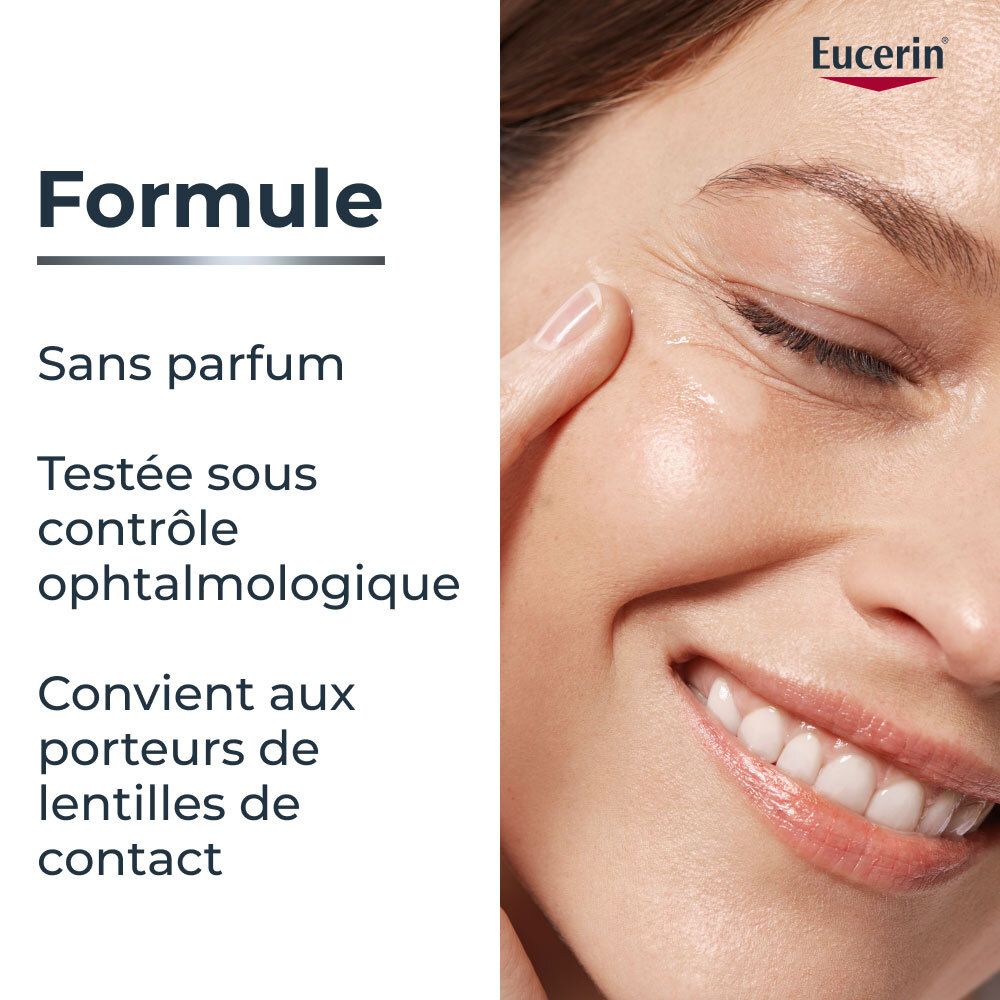 Gros plan sur un visage. Texte: Sans parfum. Testé sous contrôle ophtalmologique.