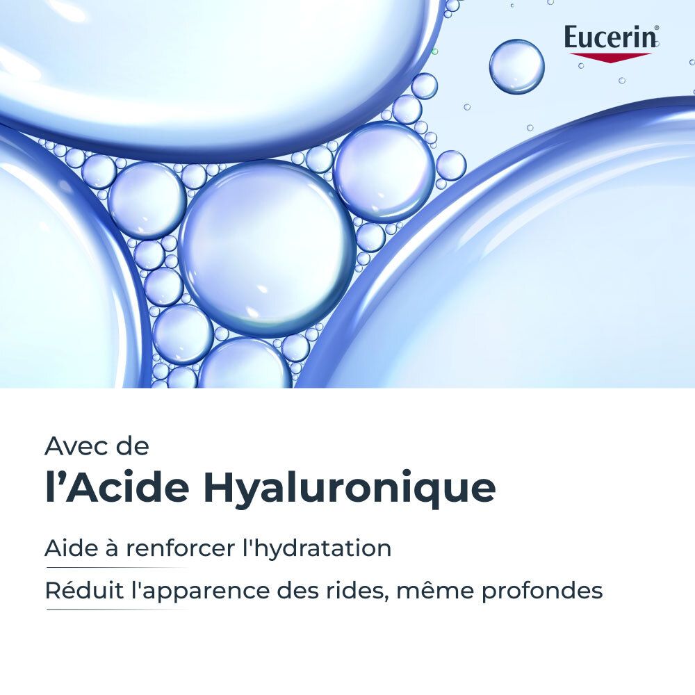 Bellen en tekst. Eucerin logo. Tekst: Avec de l'Acide Hyaluronique. Helpt hydratatie te versterken. Vermindert rimpels.