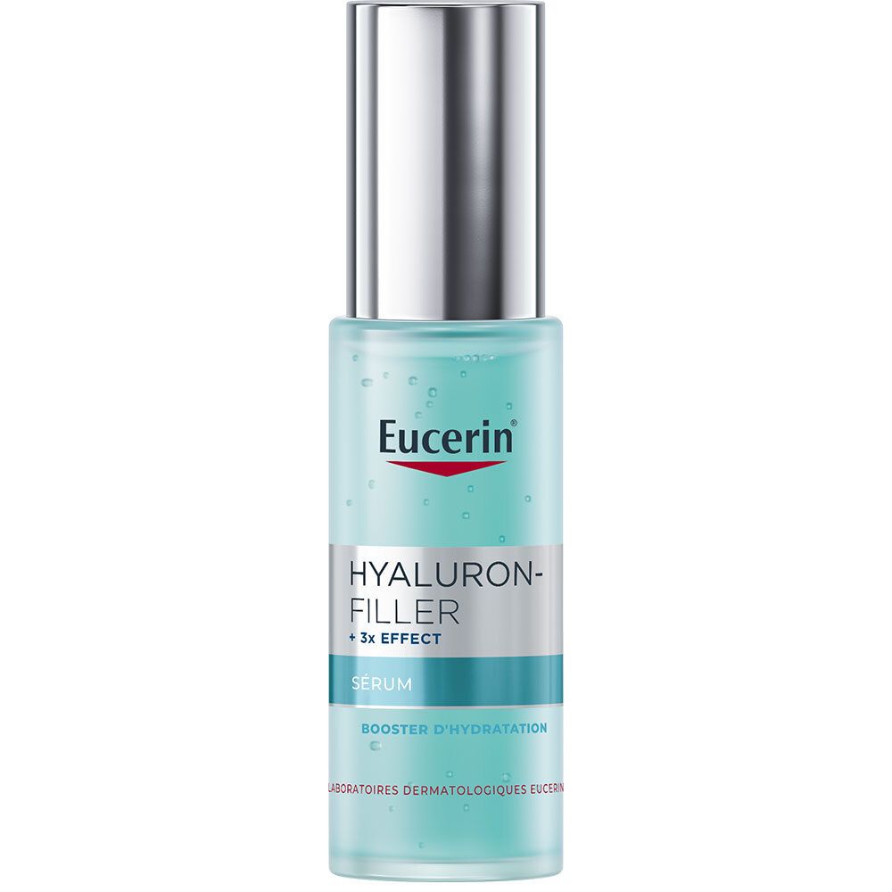 Sérum Eucerin Hyaluron-Filler + 3x Effect. Flacon bleu, bouchon argenté. Texte.