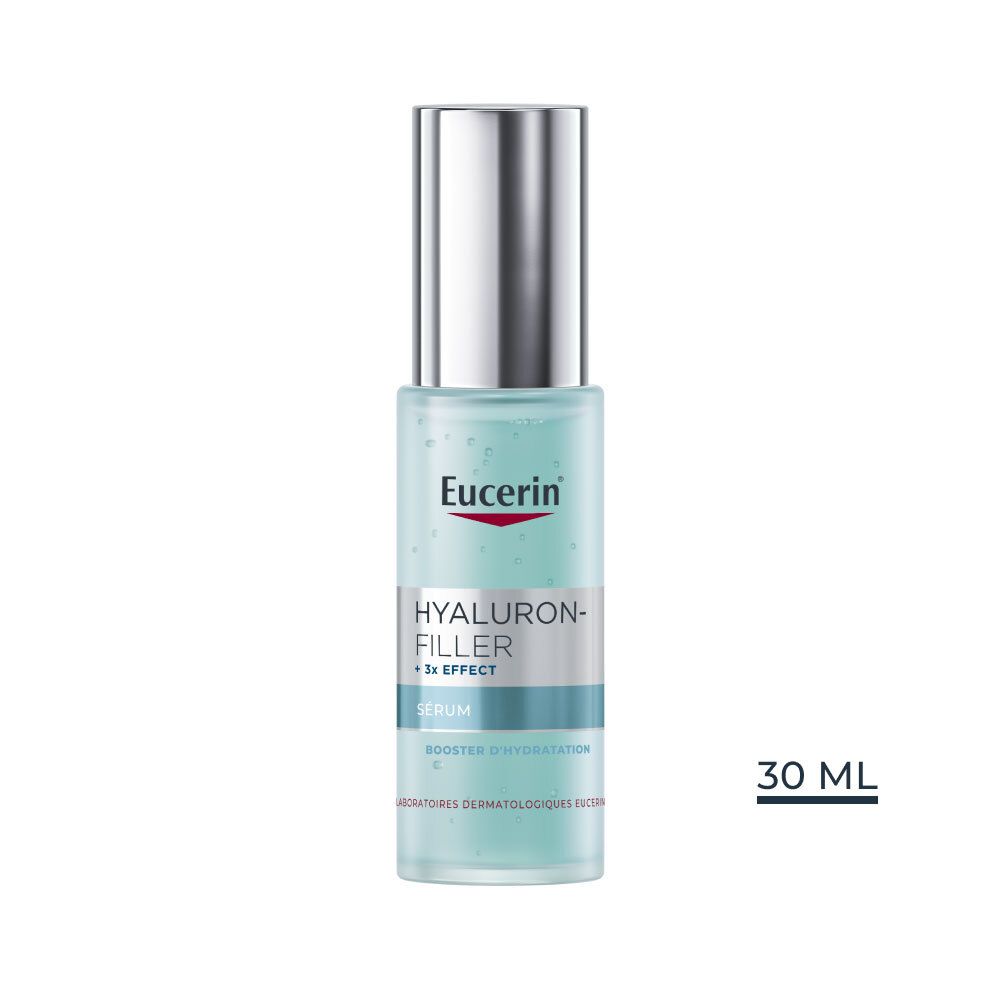 Gezichtsserumfles. Eucerin Hyaluron-Filler + 3x Effect. Blauwe vloeistof in glazen fles met zilveren dop.