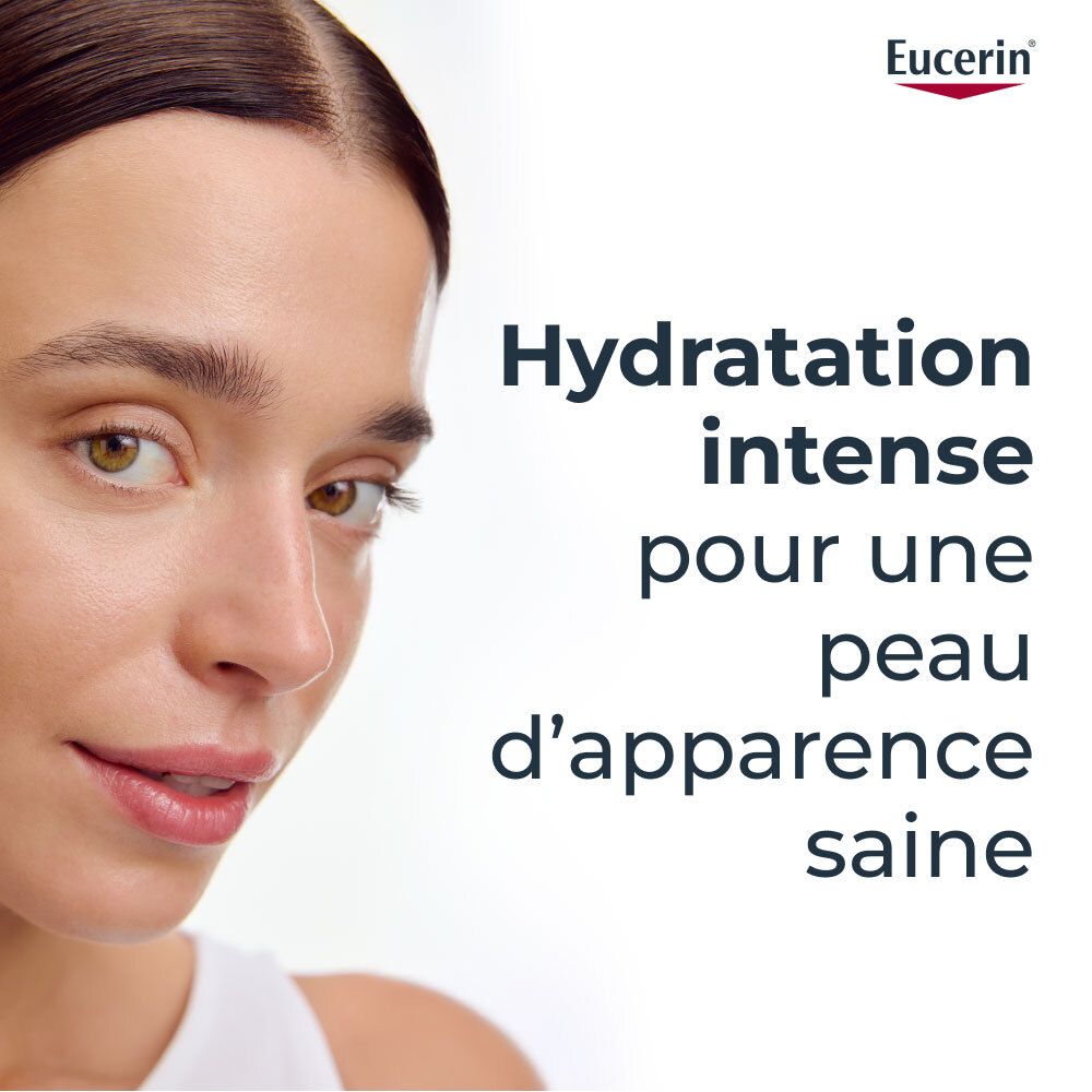 Vrouw met huid. Tekst: Hydratation intense pour une peau d'apparence saine. Eucerin logo.