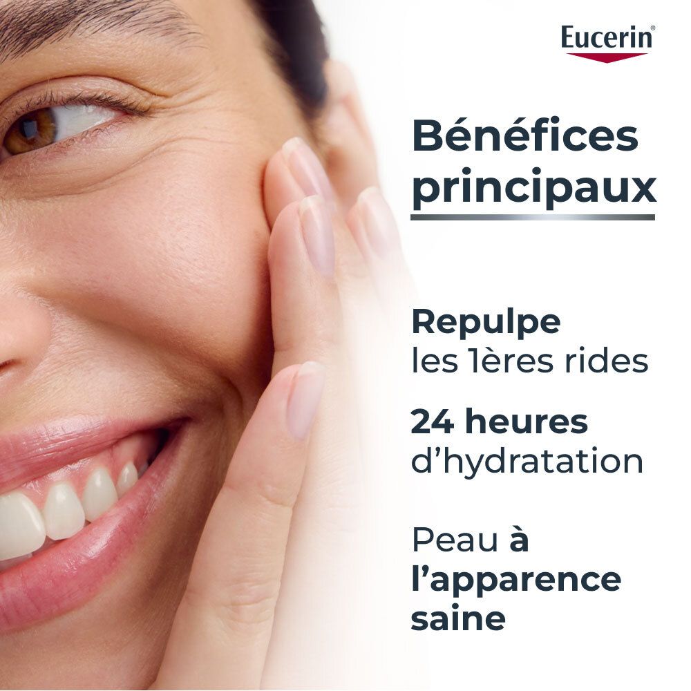 Femme touche son visage. Texte: Bénéfices principaux. Repulpe les rides. Hydratation 24h.