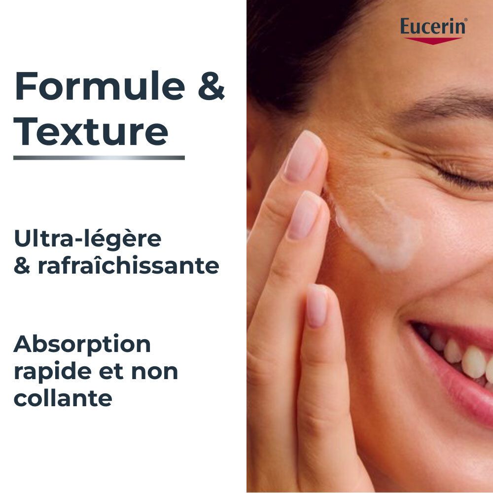 Vrouw die serum aanbrengt. Tekst: Formule & Texture. Ultra-légère & rafraîchissante. Absorption rapide et non collante.