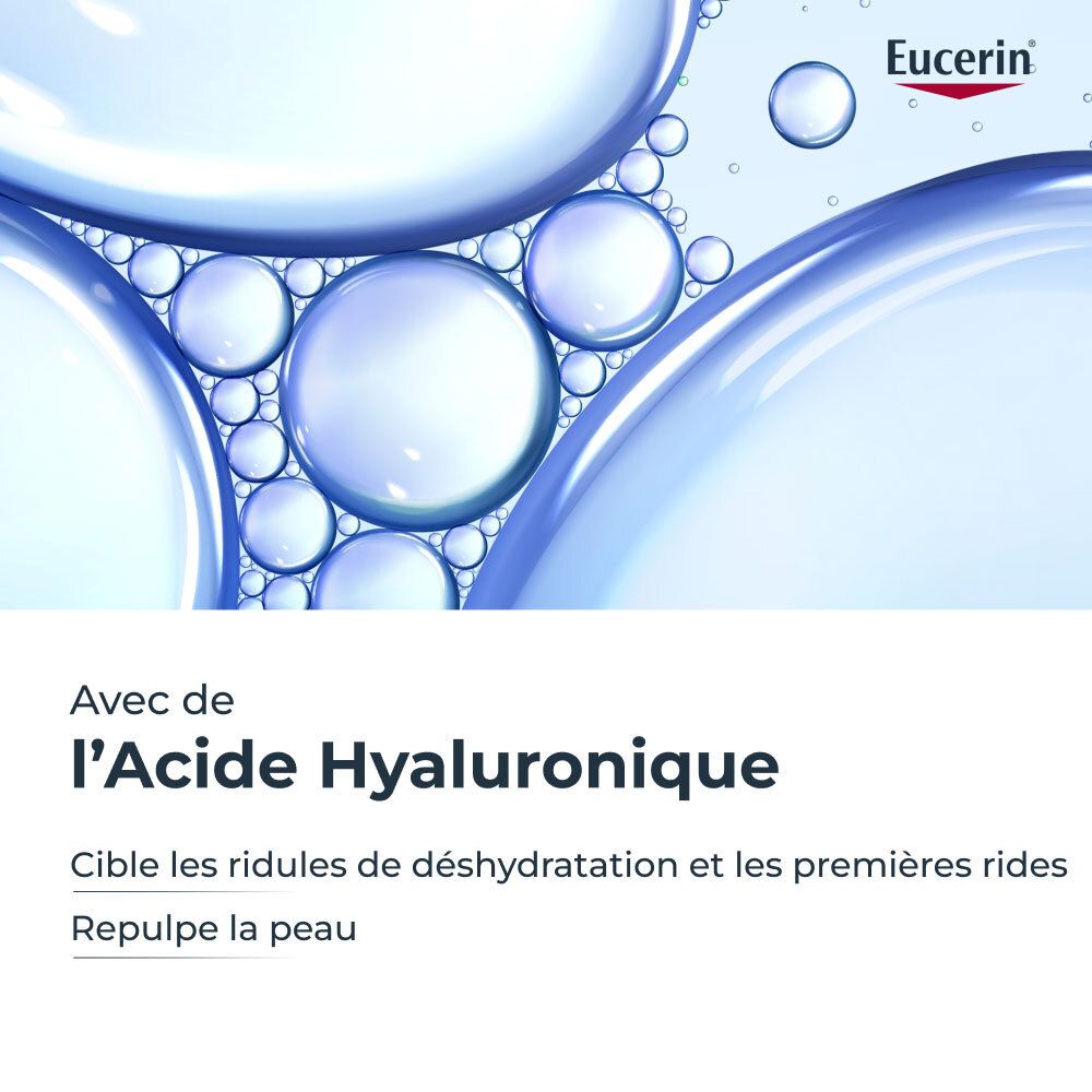 Blauwe vloeistof met bellen. Tekst: Avec de l'Acide Hyaluronique. Cible les ridules de déshydratation et les premières rides.