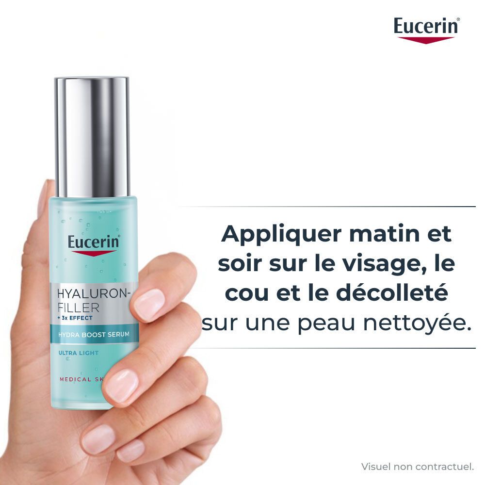 Hand houdt serumfles. Tekst: Appliquer matin et soir sur le visage, le cou et le décolleté sur une peau nettoyée.