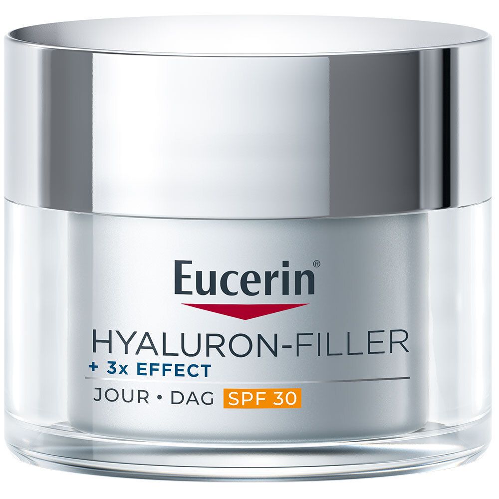 Crèmepot met zilveren deksel. Eucerin HYALURON-FILLER + 3x EFFECT Dagcrème SPF 30.