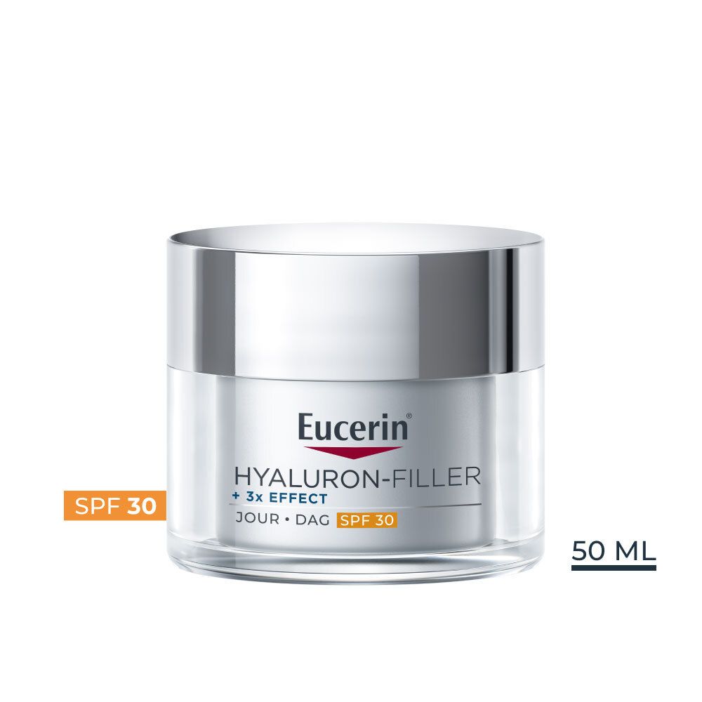 Pot de crème avec couvercle. Logo Eucerin et texte HYALURON-FILLER + 3x EFFECT. SPF 30. 50 ml.