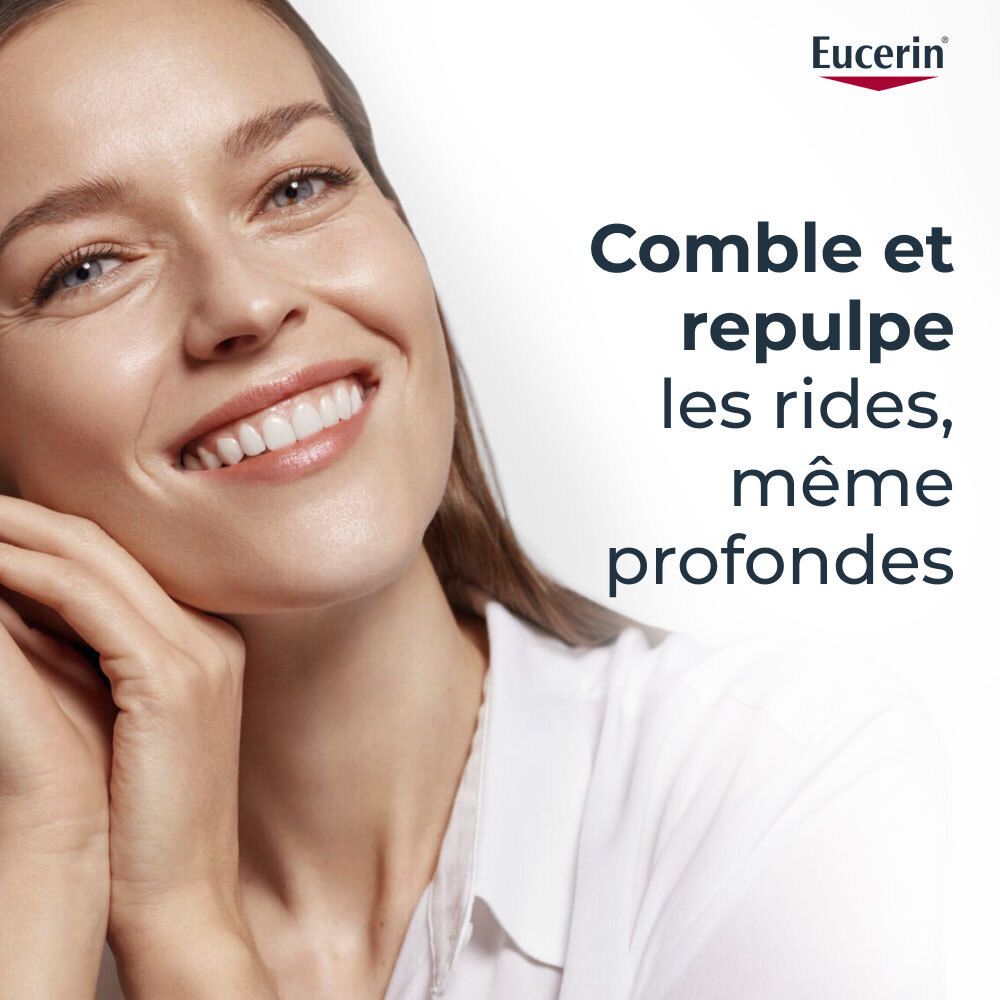 Femme touchant son visage. Texte: Comble et repulpe les rides, même profondes. Logo Eucerin.