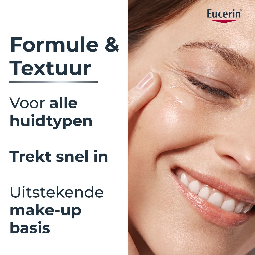 Eucerin: Formule & Textuur. Voor alle huidtypen, trekt snel in, uitstekende make-up basis.