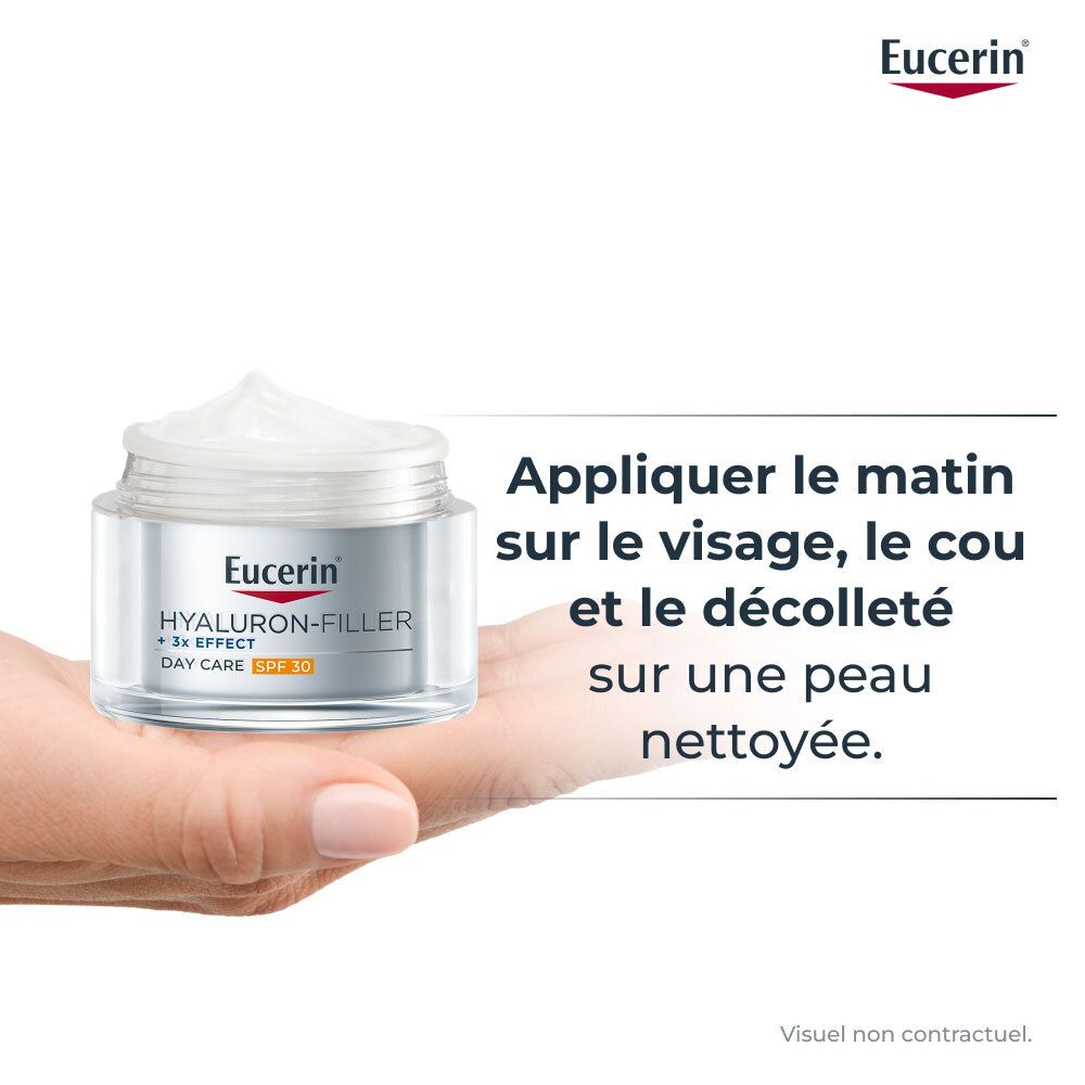 Ingrediënten: Hyaluronzuur, Enoxolon, Saponine. Crème op witte achtergrond. Eucerin HYALURON-FILLER + 3x EFFECT.