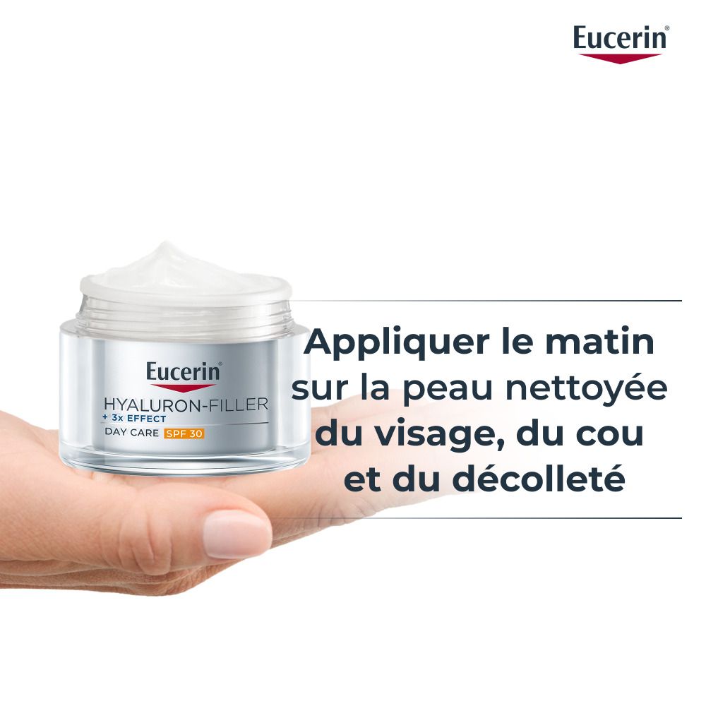 Eucerin Hyaluron-Filler Soin de Jour SPF 30 appliqué sur peau nettoyée.