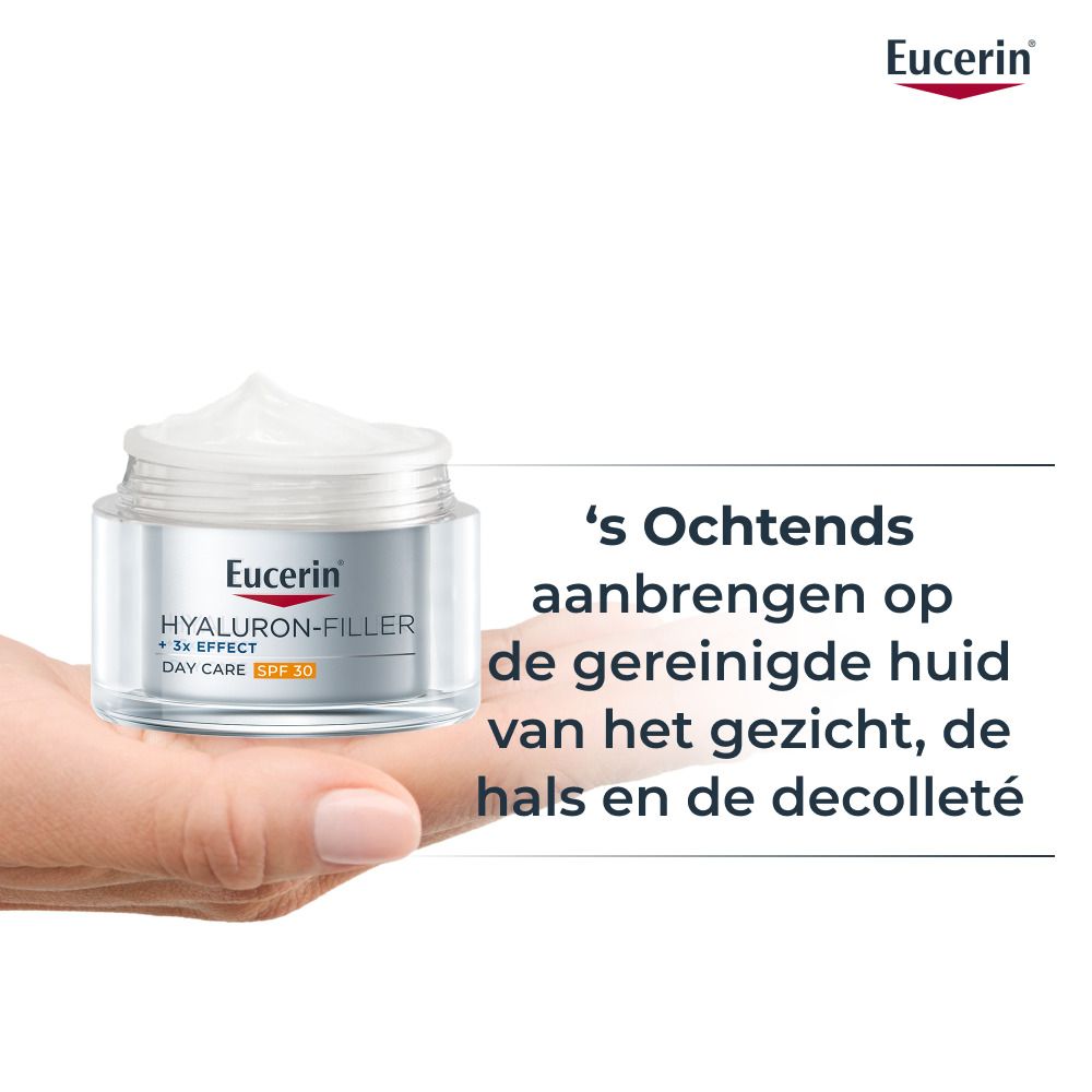 Eucerin Hyaluron-Filler Dagcrème SPF 30 aangebracht op gereinigde huid.