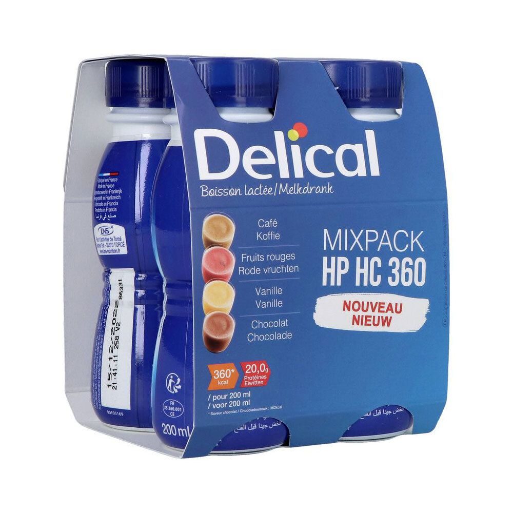Emballage de quatre bouteilles Delical Mixpack HP HC 360. Bouteilles bleues avec bouchons bleus. Inscription : NOUVEAU.