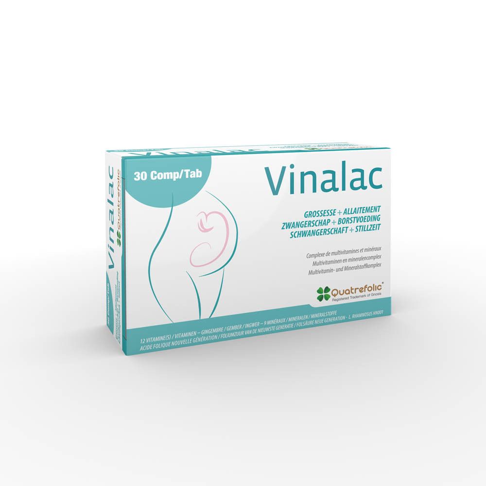 Vinalac 30 Comp/Tab boîte avec symbole de grossesse et logo Quatreforlic.