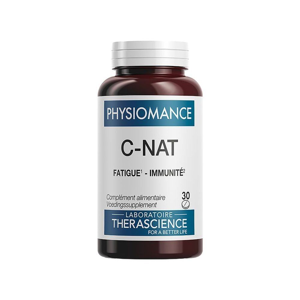 Bruine fles met wit etiket. Opschrift: PHYSIOMANCE C-NAT, Laboratoire Therascience. 30 tabletten. Voor een beter leven.