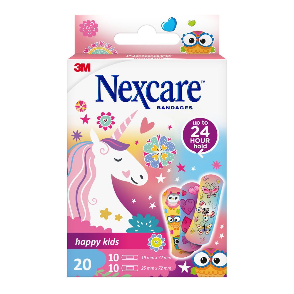 Nexcare happy kids pleisterverpakking. Bevat 20 pleisters, 10x19mm en 10x25mm. Met eenhoornmotief.