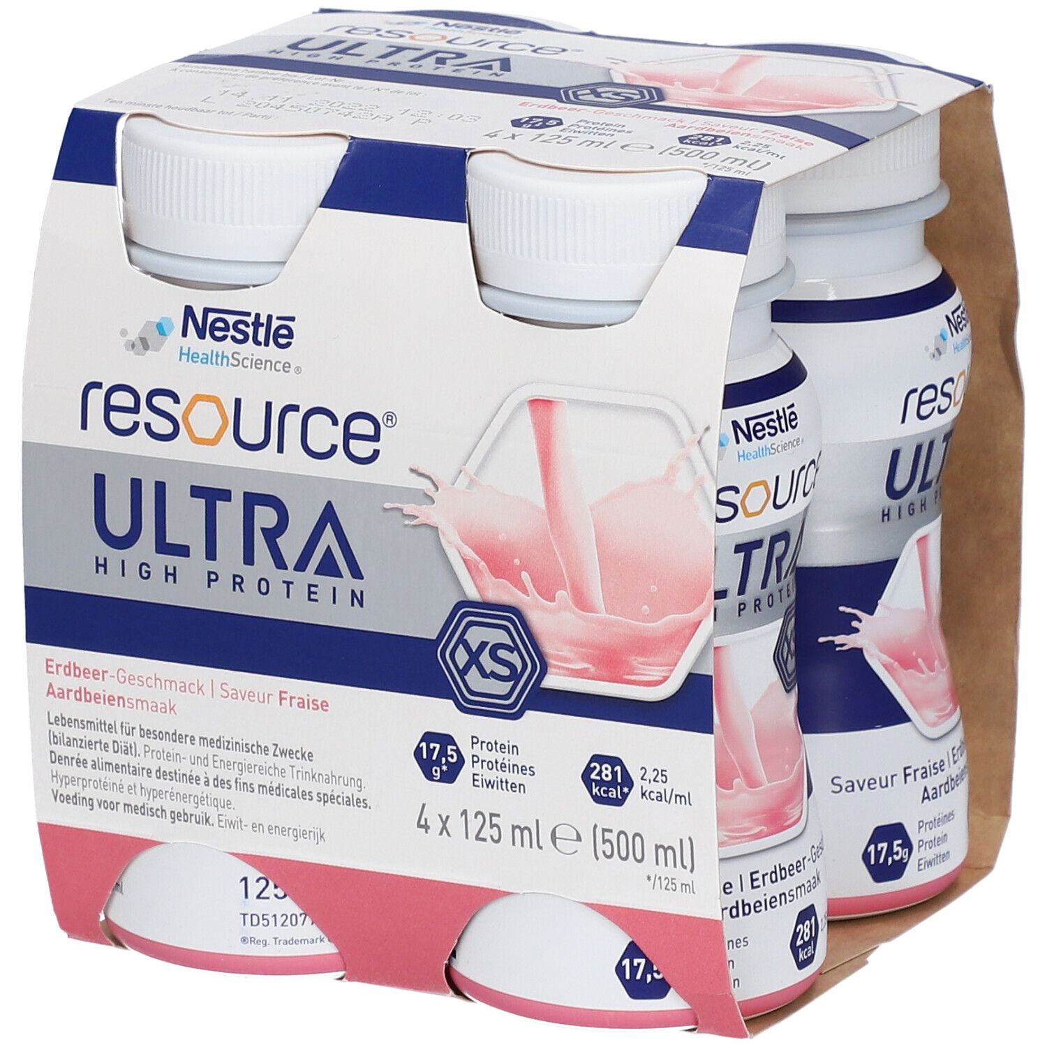 Emballage de quatre bouteilles Resource Ultra. Saveur fraise. 4 x 125 ml. Riche en protéines. Nestle Health Science.