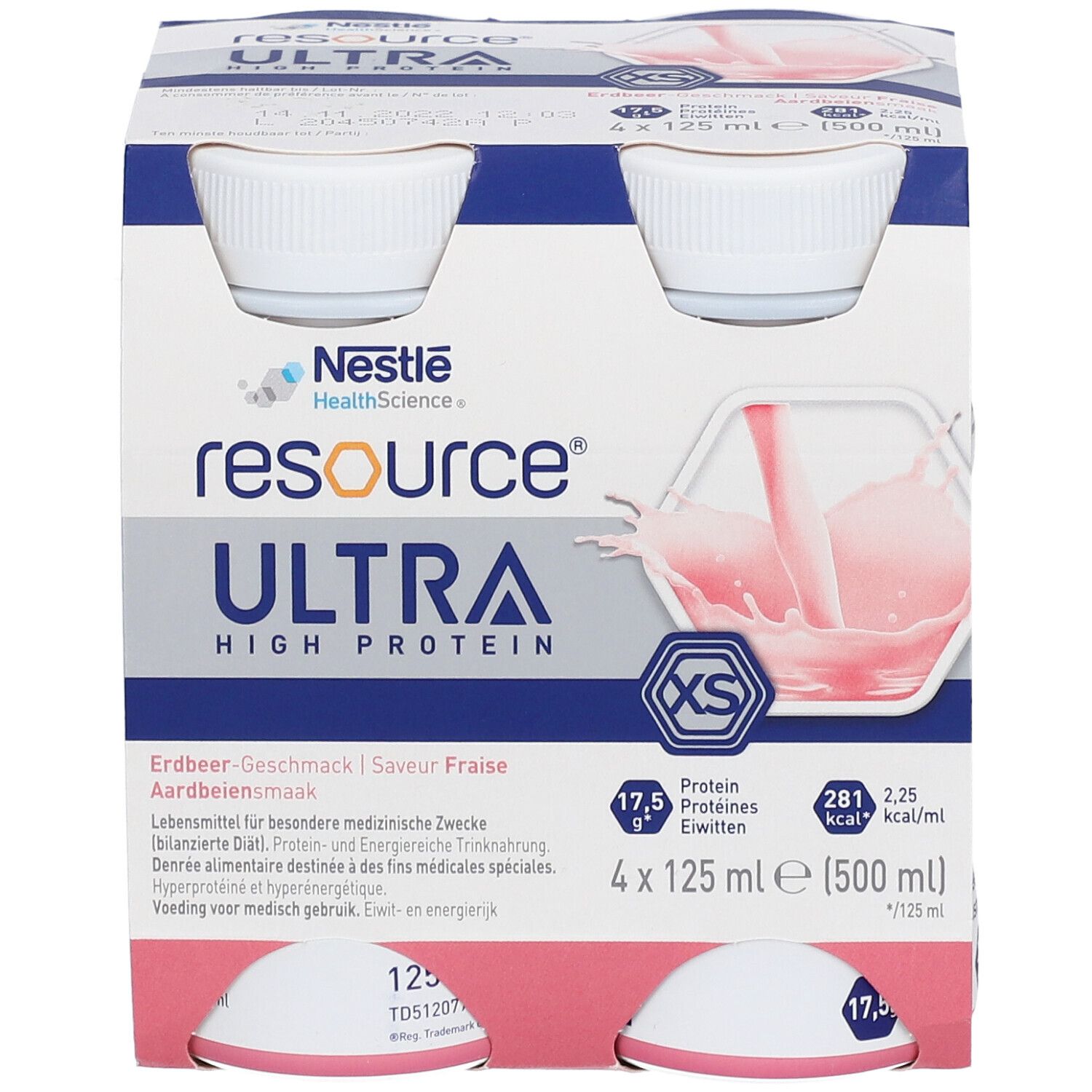 Emballage de quatre bouteilles Resource Ultra. Saveur fraise. 4 x 125 ml. Riche en protéines. Nestle Health Science.