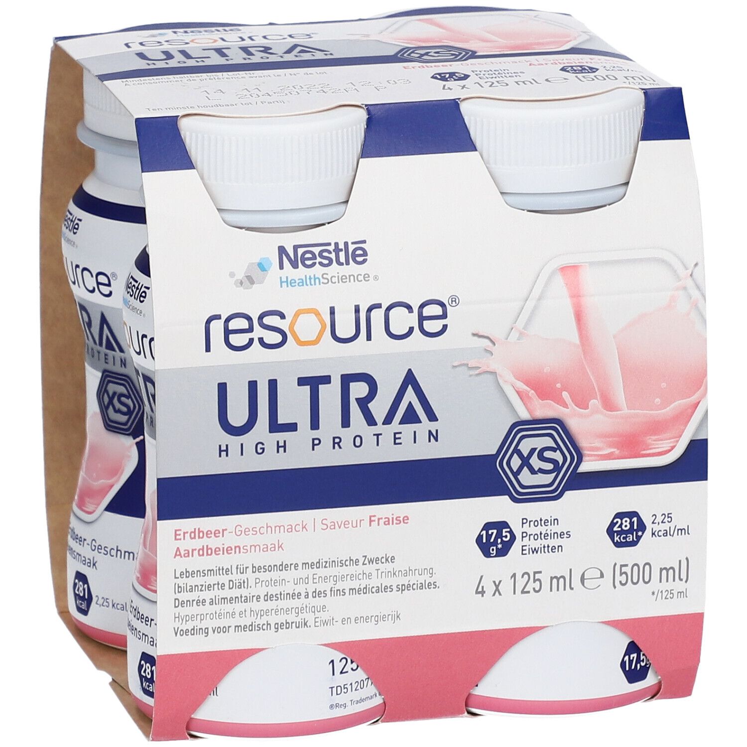Emballage de quatre bouteilles Resource Ultra. Saveur fraise. 4 x 125 ml. Riche en protéines. Nestle Health Science.