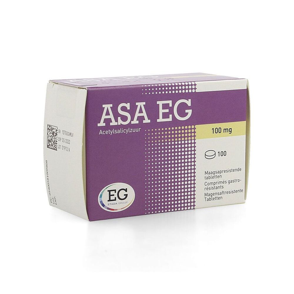 Kartonnen verpakking ASA EG 100 mg. Paars-witte doos met productnaam, dosering en tablet-symbool. Tekst in het Nederlands.