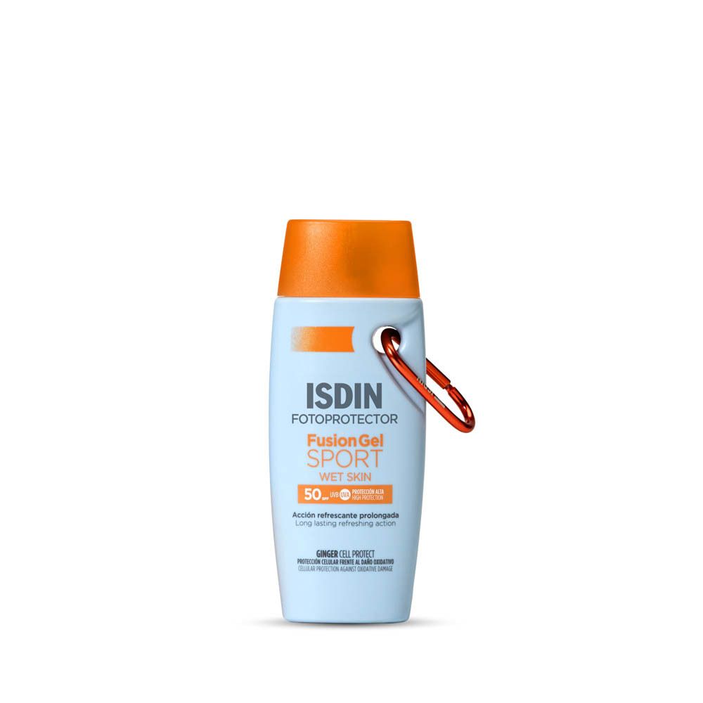 Flacon bleu clair, bouchon orange. Texte: FOTOPROTECTOR ISDIN FusionGel SPORT Wet Skin 50. Avec mousqueton.