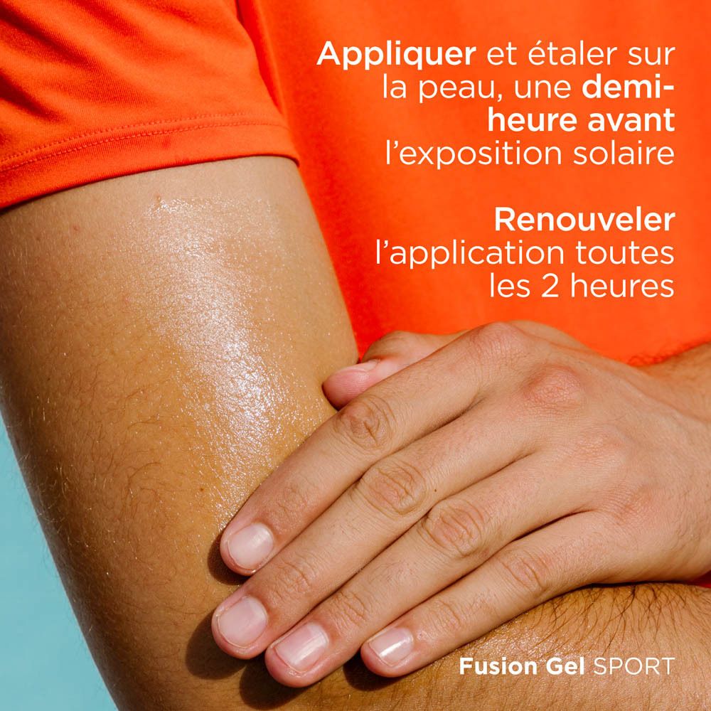 Emballage et flacon. Texte: FOTOPROTECTOR ISDIN FusionGel SPORT Wet Skin 50. Avec mousqueton.