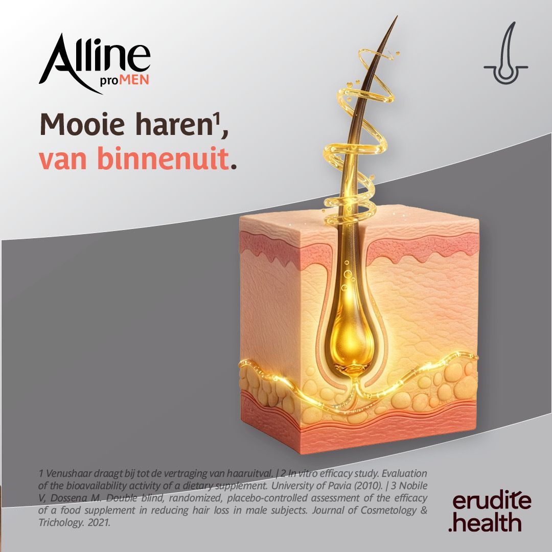 Doos van Alline proMen, zijaanzicht met ingrediënten.