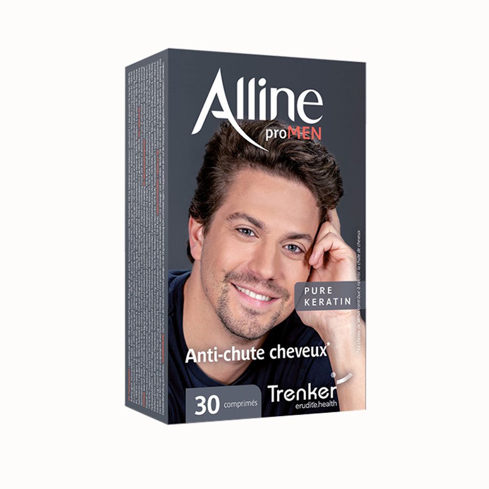 Boîte Alline proMen de 30 comprimés, face avant avec homme et texte 'Anti-chute cheveux'.