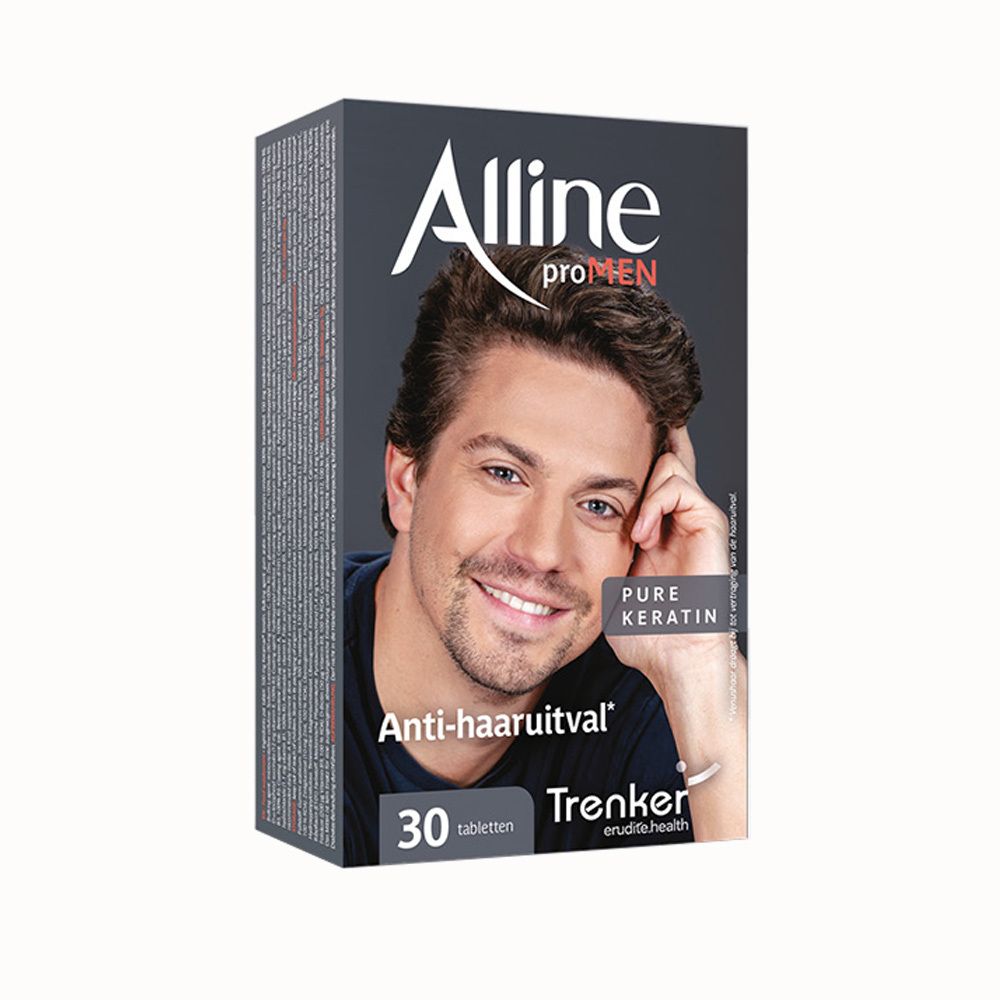 Alline proMen verpakking van 30 tabletten, voorkant met man en tekst 'Anti-haaruitval'.