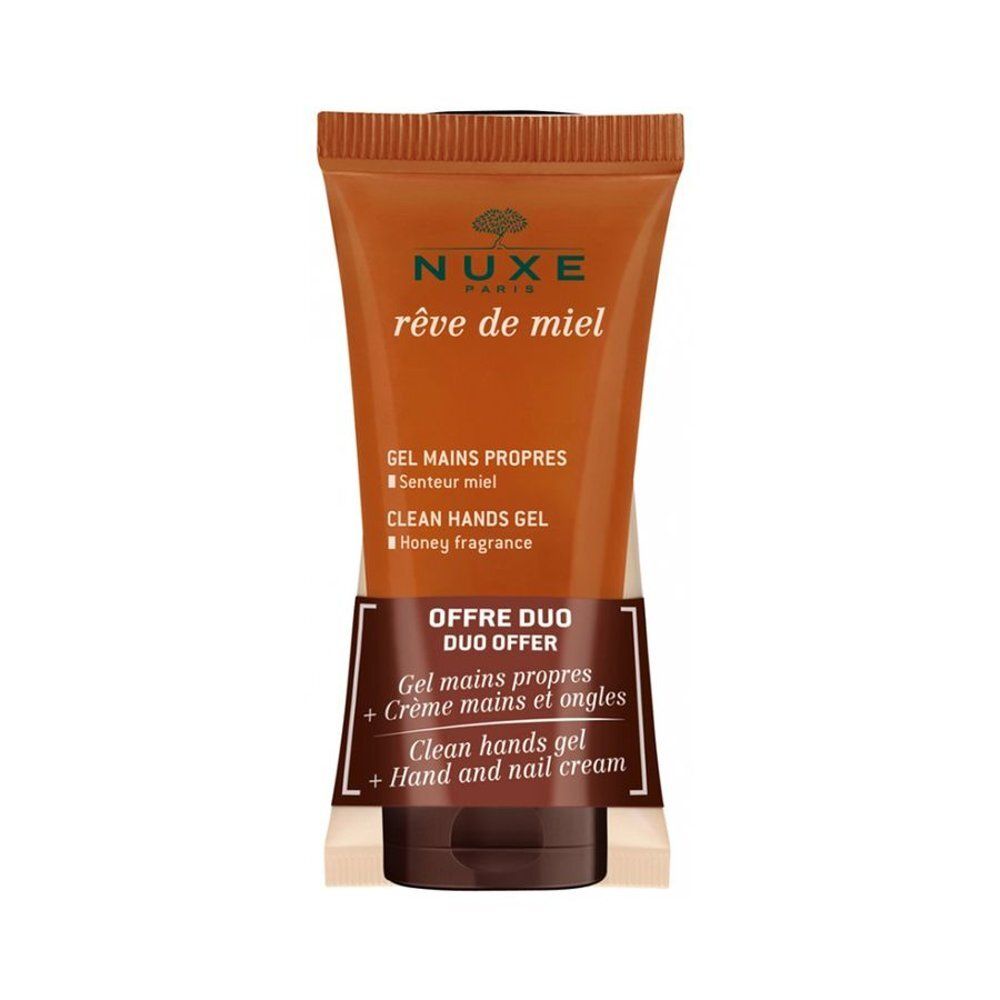 Offre Duo Nuxe Rêve de Miel : Gel Mains Propres et Crème Mains & Ongles dans un tube brun.