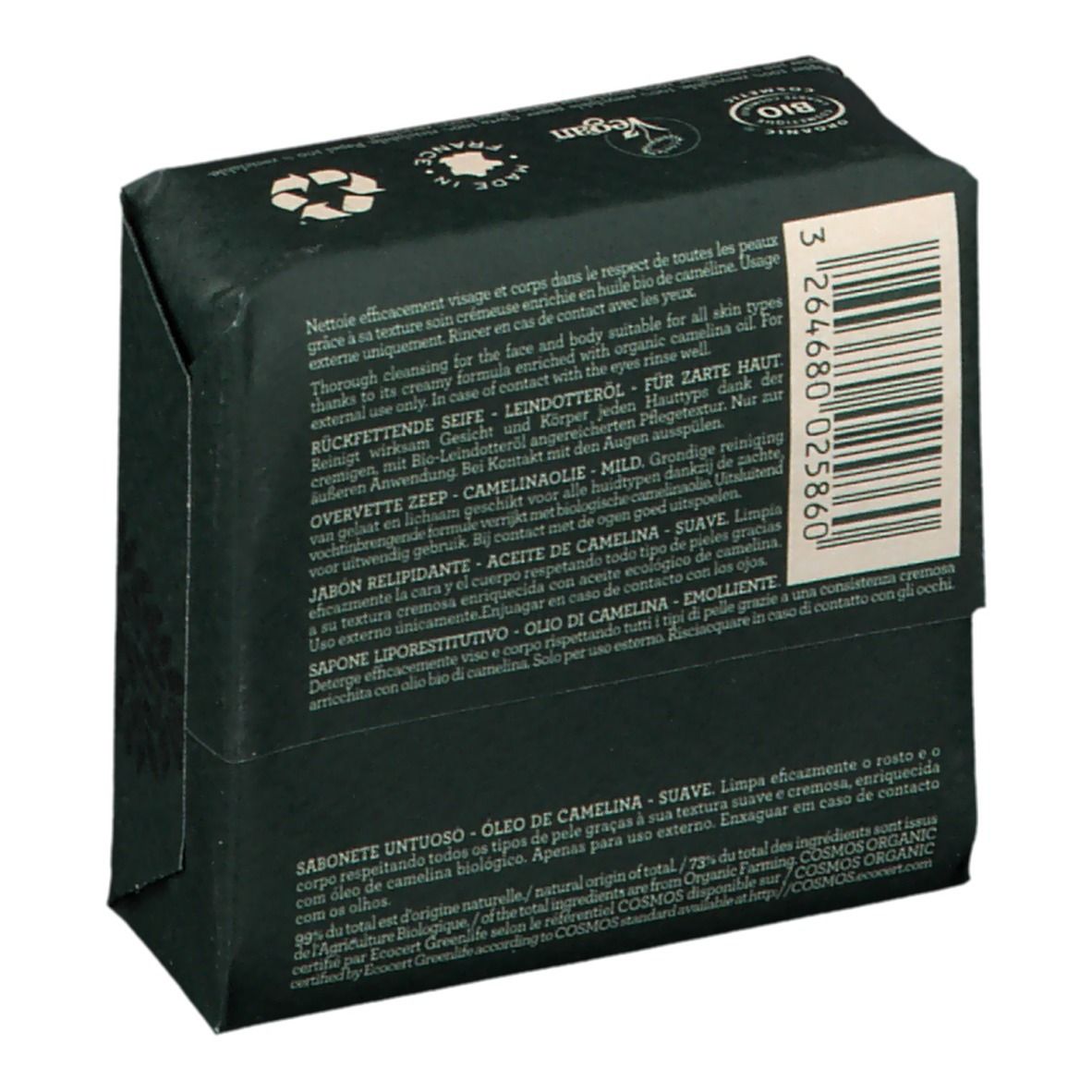 Achterkant van de zeepverpakking. Tekst met productinformatie en barcode.