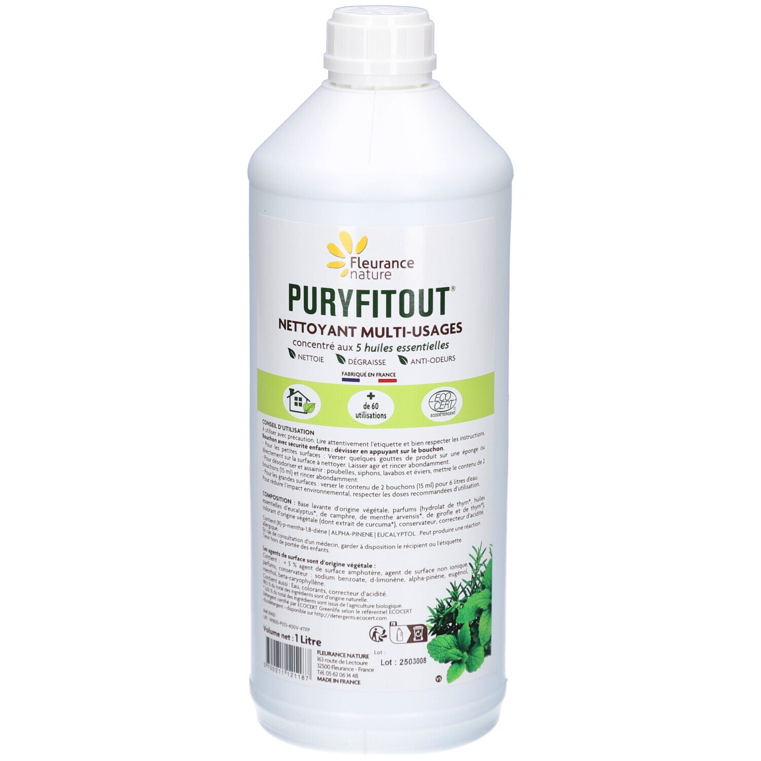 Witte fles met schroefdop. Opschrift: Puryfitout Nettoyant Multi-usages. Met logo en tekst. 1 liter.