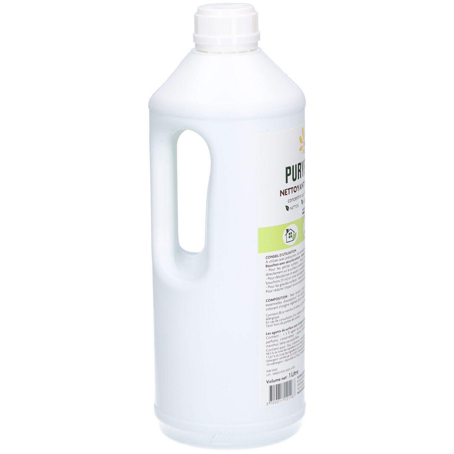 Witte fles met handvat. Opschrift: Puryfitout Nettoyant Multi-usages. Met logo en tekst. 1 liter.