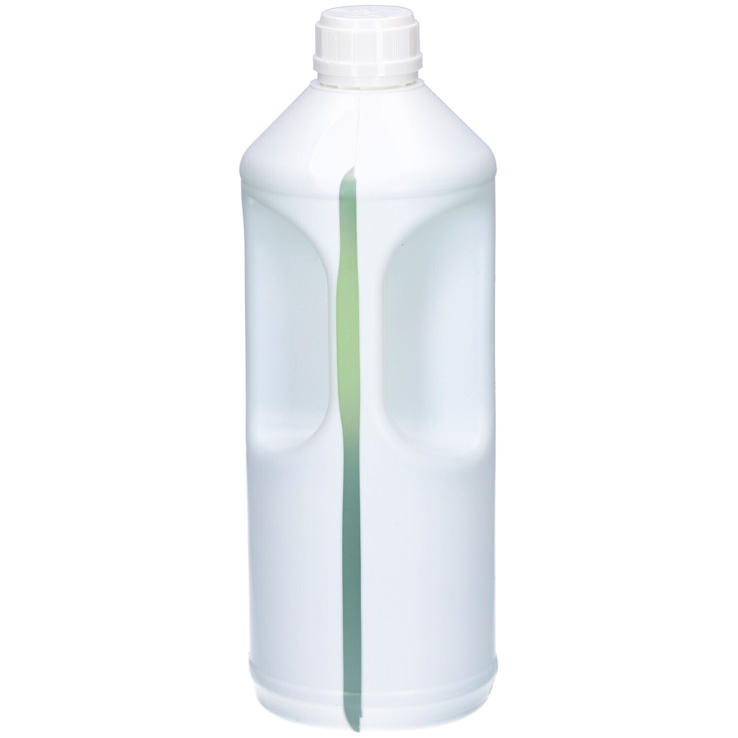 Witte fles met handgreep. Groene strepen. Geen opschrift zichtbaar.