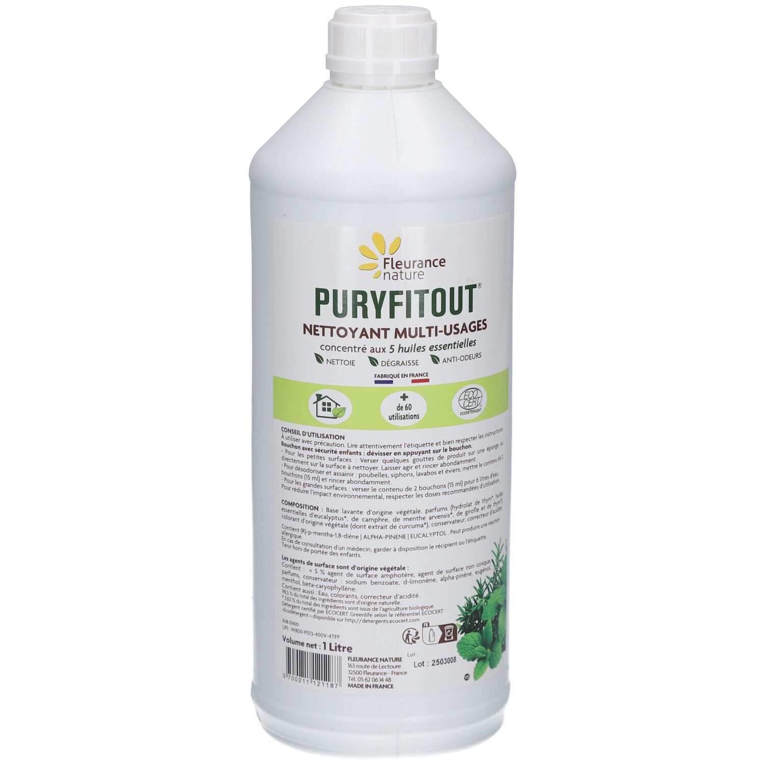 Witte fles met schroefdop. Opschrift: Puryfitout Nettoyant Multi-usages. Met logo en tekst. 1 liter.