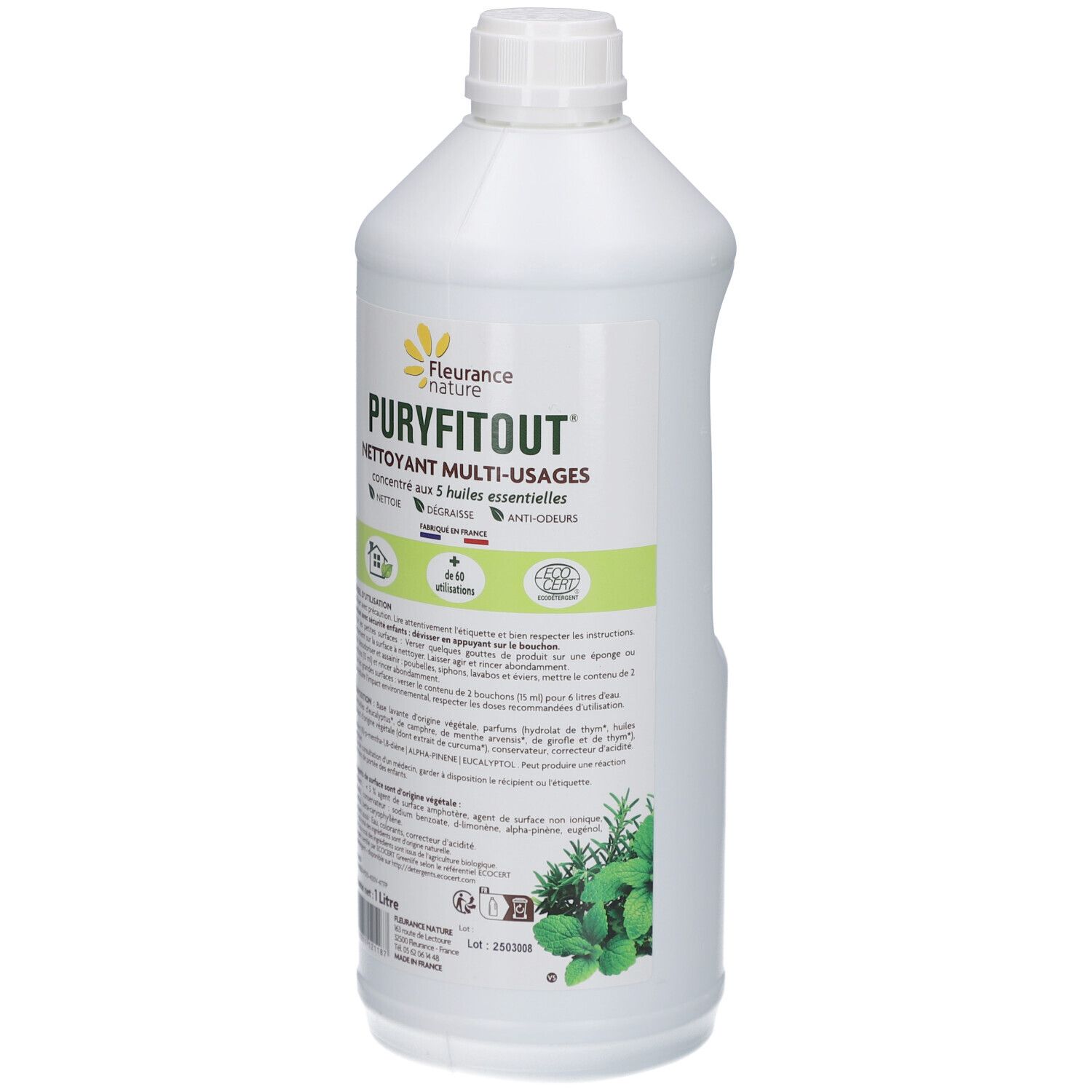 Witte fles met schroefdop. Opschrift: Puryfitout Nettoyant Multi-usages. Met logo en tekst. 1 liter.
