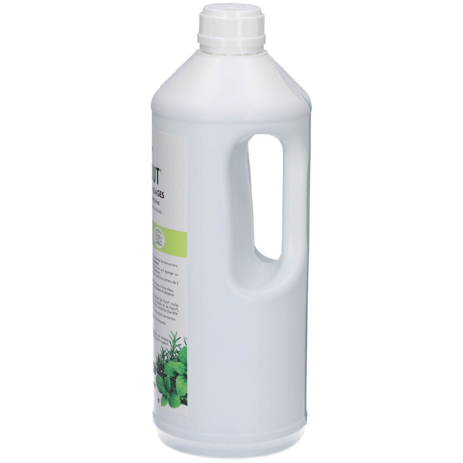Witte fles met handvat. Opschrift: Puryfitout Nettoyant Multi-usages. Met logo en tekst. 1 liter.