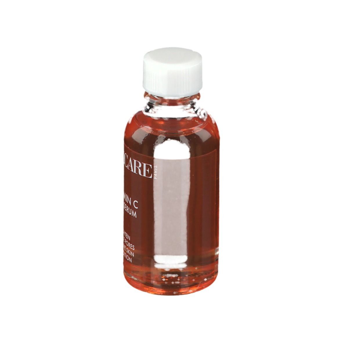 Heldere vloeistof in een glazen fles met witte dop. Opschrift: APOT.CARE Vitamin C Pure Serum.