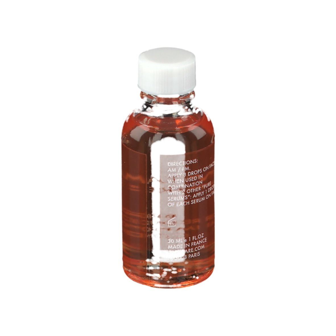 Achterkant van een glazen fles met witte dop. Opschrift: gebruiksaanwijzing, 30 ml, Made in France, APOT.CARE.