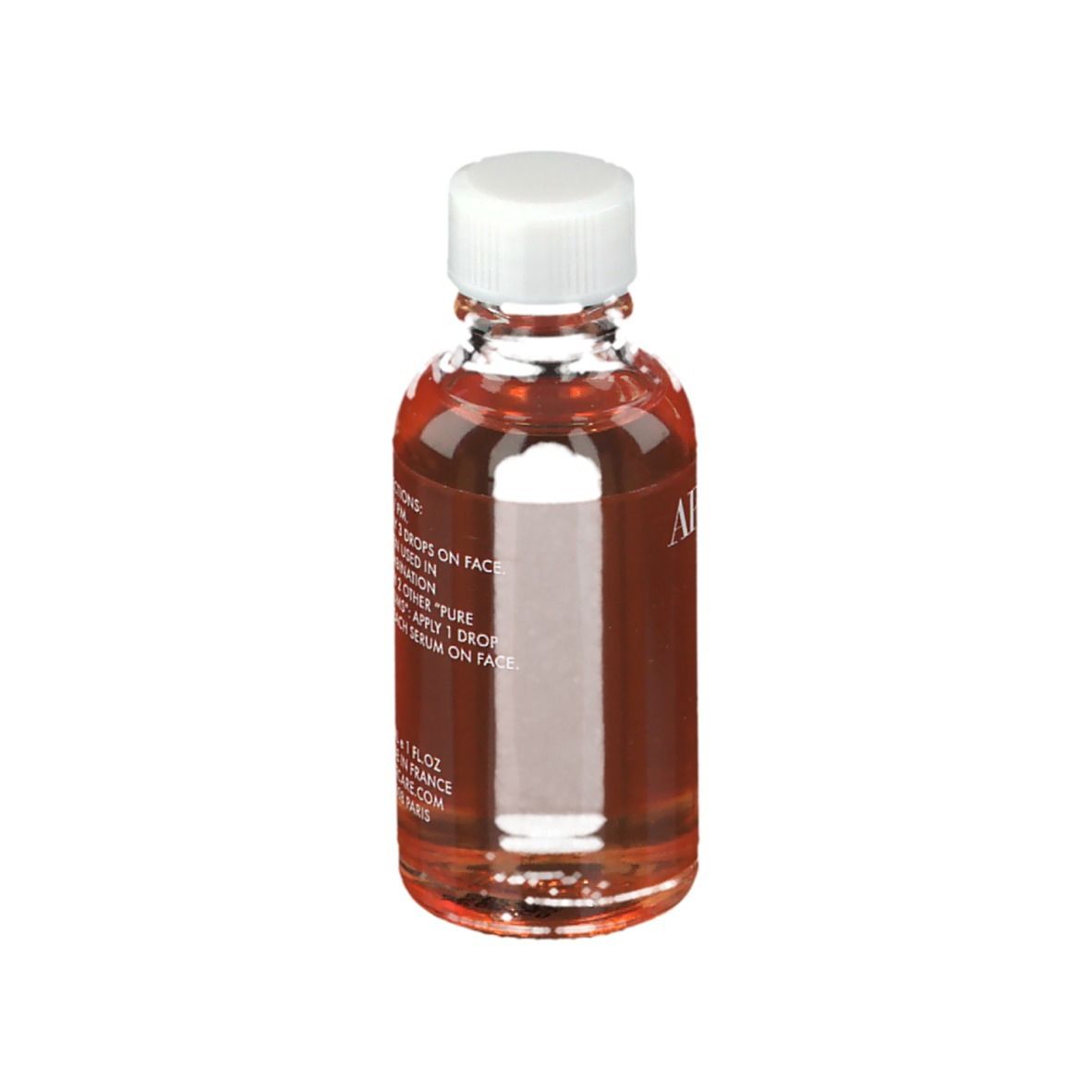 Achterkant van een glazen fles met witte dop. Opschrift: gebruiksaanwijzing, 30 ml, Made in France, APOT.CARE.