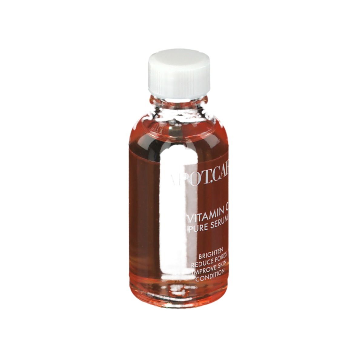Heldere vloeistof in een glazen fles met witte dop. Opschrift: APOT.CARE Vitamin C Pure Serum.